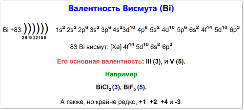Валентность висмута: электронная конфигурация, основная валентность +3, +5, проявляет дополнительные валентности +1, +2, +4, -3 и их примеры соединений
