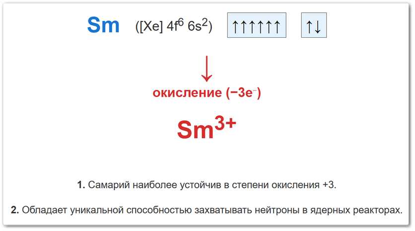 Степень окисления +3 у самария (Sm) образуется за счет потери трех валентных электронов.