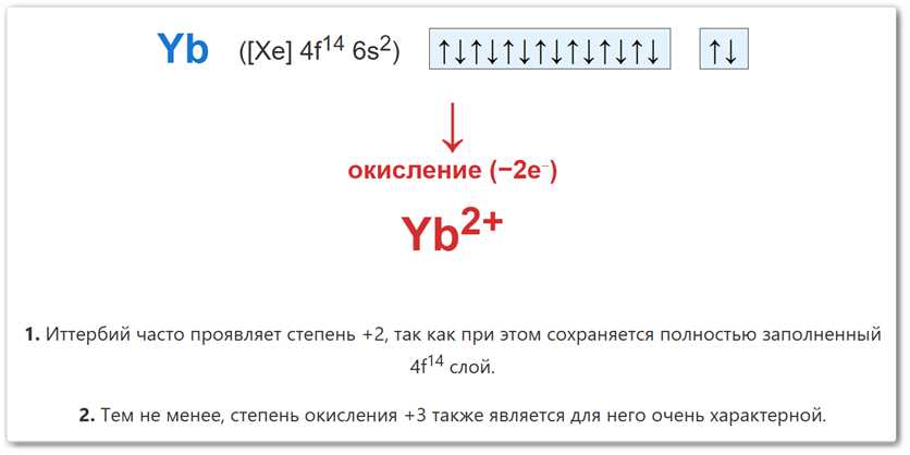 Степень окисления +2 у иттербия (Yb) образуется за счет потери двух валентных электронов.