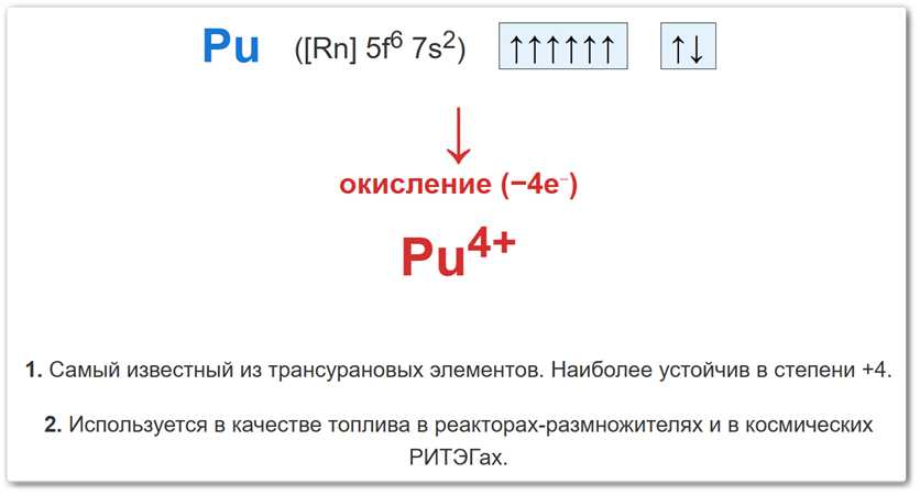 Степень окисления +4 у плутония (Pu) — наиболее распространенная форма в химии, возникающая при отдаче четырех валентных электронов.