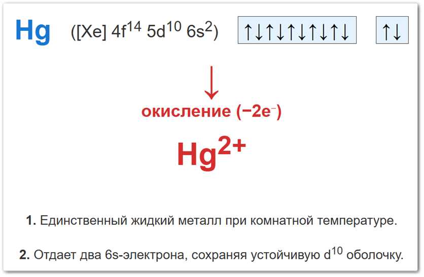 Схема окисления атома ртути Степень окисления +2 у ртути (Hg) образуется за счет потери двух валентных электронов.