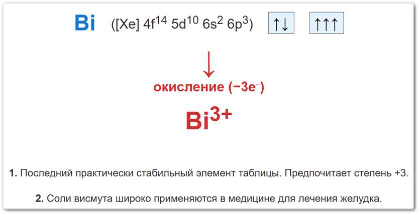 Степень окисления +3 у висмута (Bi) формируется путем удаления трех внешних 6p-электронов, оставляя инертную 6s2 пару.