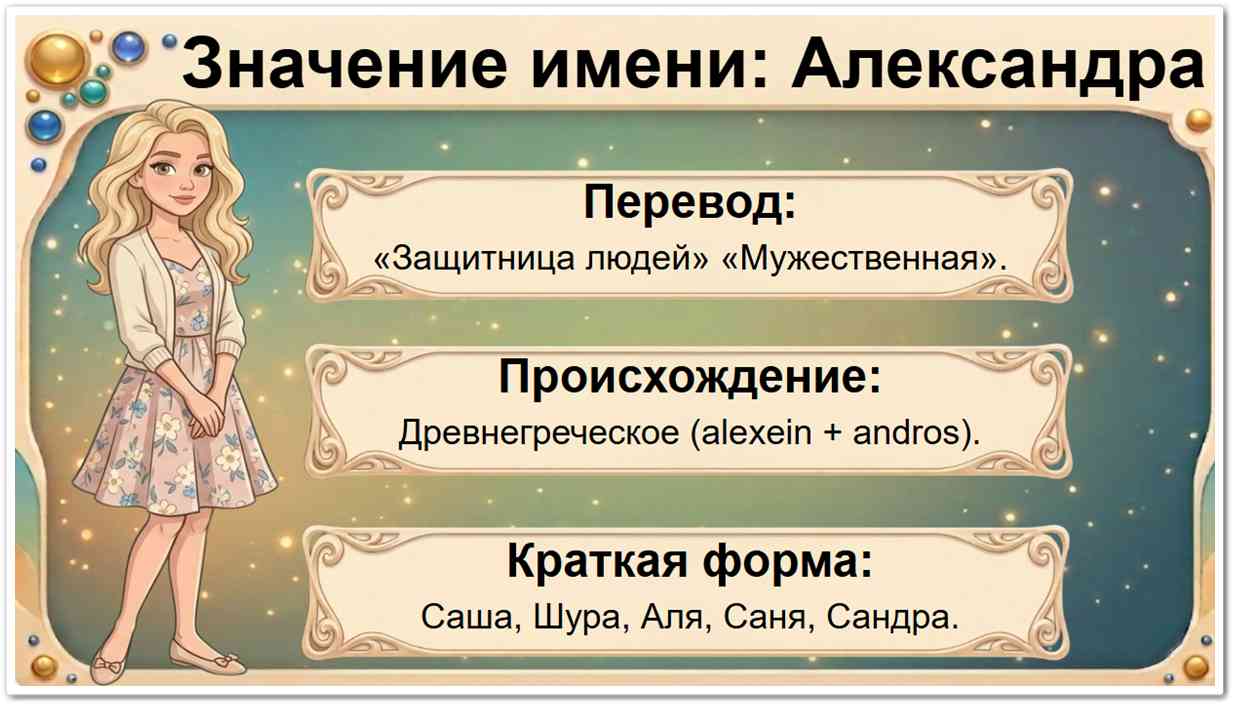 Значение имени Александра? Полный разбор: происхождение, перевод («Защитница людей») и все краткие формы (Саша, Шура, Аля). Узнайте характер имени!