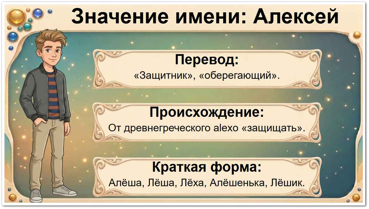 Значение имени Алексей: перевод — Защитник, оберегающий, древнегреческое происхождение, краткие формы Алеша, Леша, Алекс.