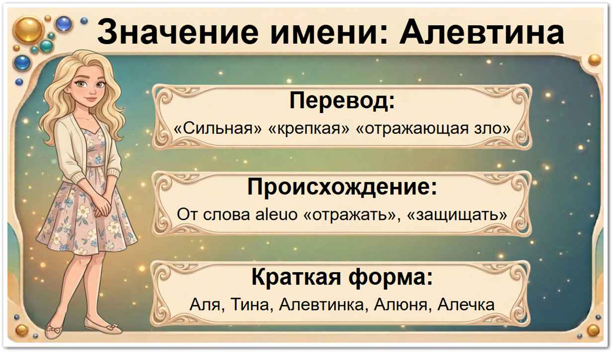 Значение имени Алевтина: перевод — Отражающая зло, чуждая дурного, древнегреческое происхождение, краткие формы Аля, Тина, Аля, Алевтинка