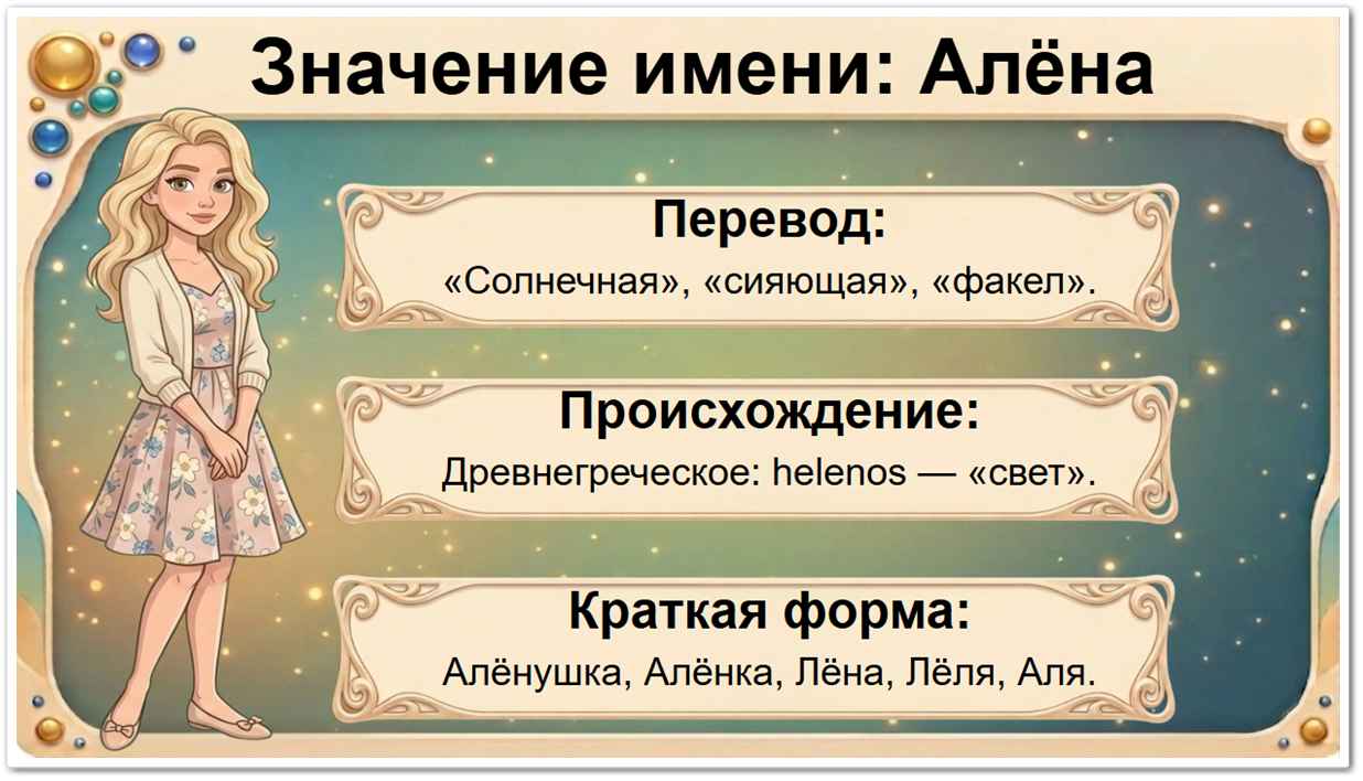 Значение имени Алёна: перевод — Солнечная, сияющая, славянское происхождение, краткие формы Алёнушка, Лёля, Аля, Алёнка