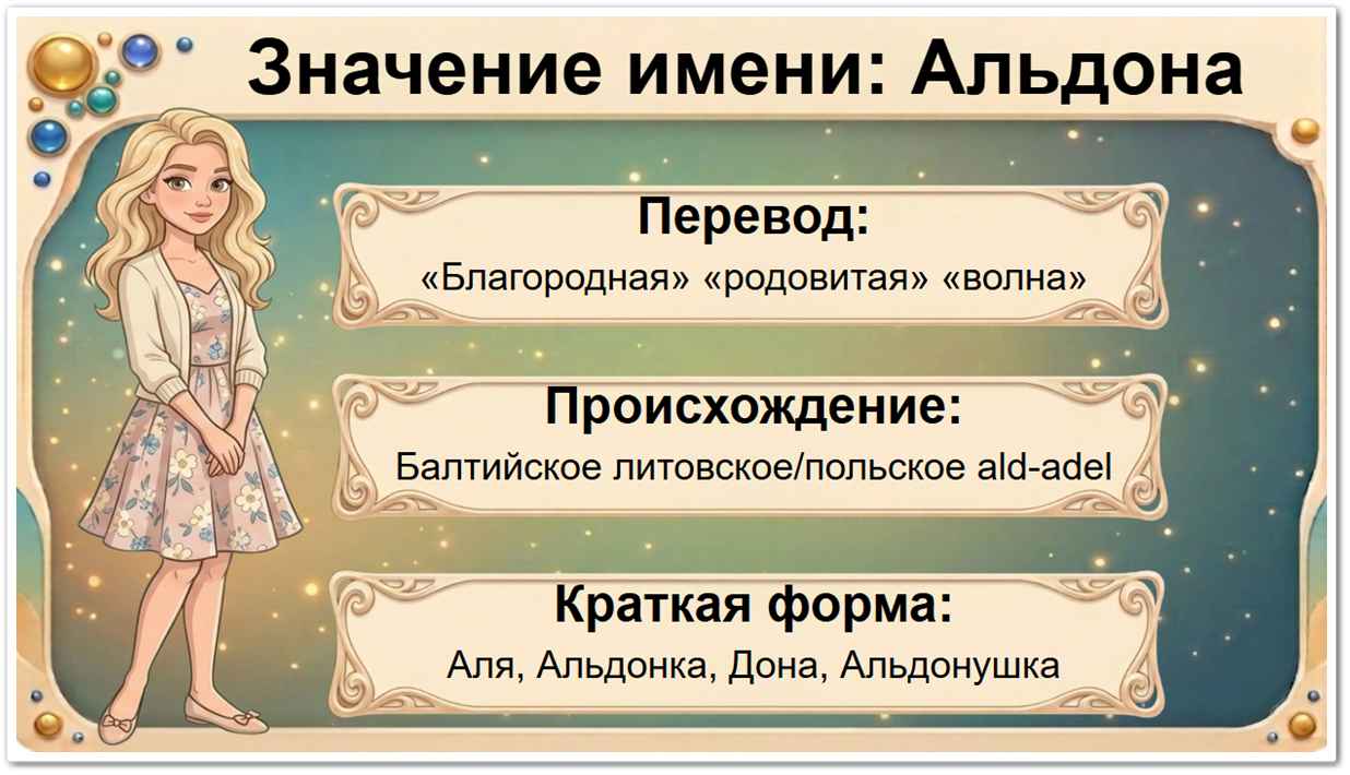 Значение имени Альдона: перевод — Благородная, рожденная для величия, балтийское происхождение, краткие формы Альдонка, Аля, Дона, Лона