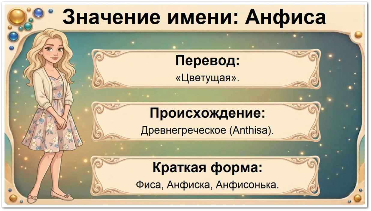 Значение имени Анфиса: перевод — Цветущая, полная цветов, древнегреческое происхождение, краткие формы Фиса, Анфиска, Аня, Фисочка.