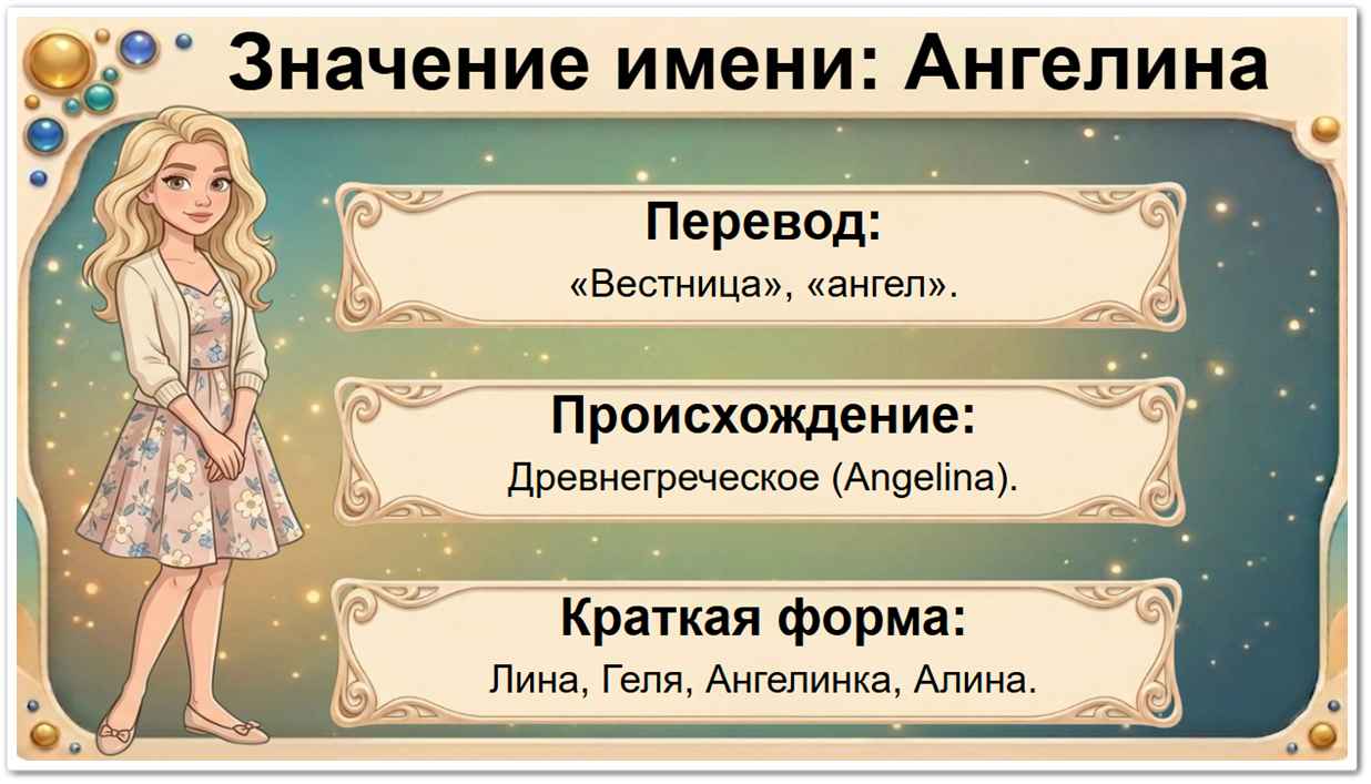 Значение имени Ангелина: перевод — Ангельская, вестница, древнегреческое происхождение, краткие формы Геля, Лина, Ангелинка, Алина