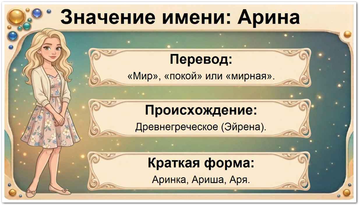 Значение имени Арина: перевод — Мирная, покой, древнегреческое происхождение, краткие формы Аринка, Ариша, Аря, Рина.