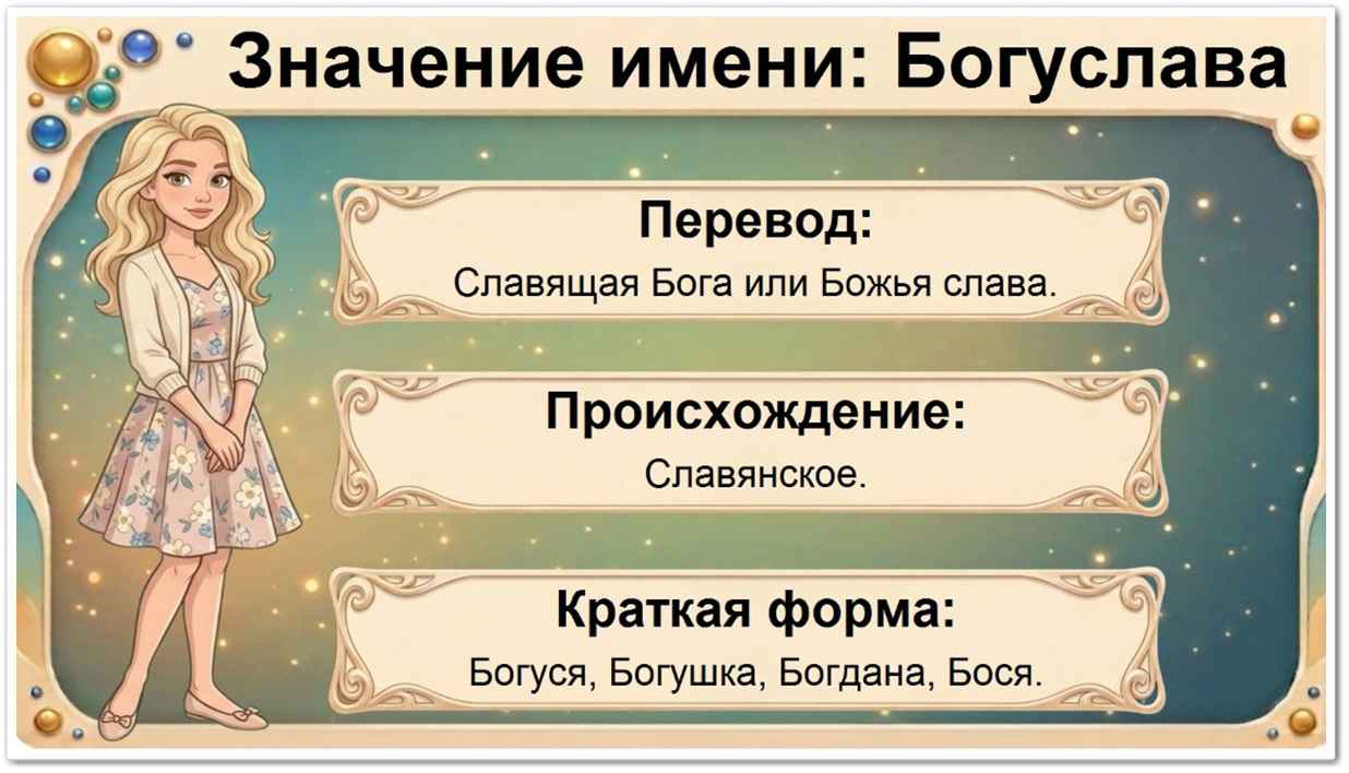 Значение имени Богуслава: перевод — Славящая Бога, Божья слава, старославянское происхождение, краткие формы Богуся, Слава, Божка, Богушка.