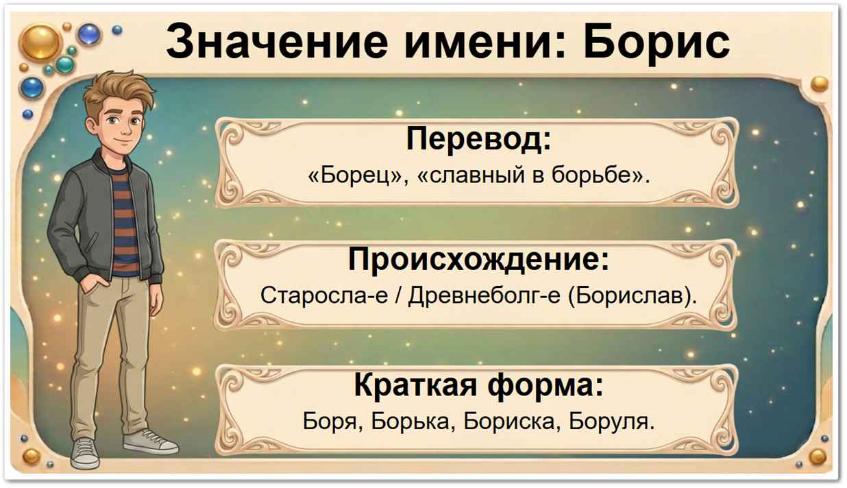 Значение имени Борис: перевод — Борец, славный в борьбе, старославянское происхождение, краткие формы Боря, Борька, Бориска, Борюня