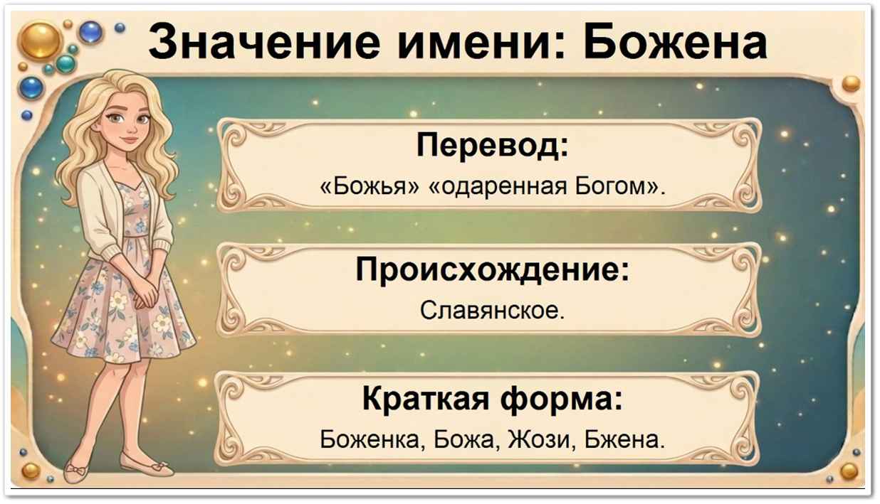 Значение имени Божена: перевод — Божья, одаренная Богом, благословенная, старославянское происхождение, краткие формы Боженка, Жня, Божа, Зенка.