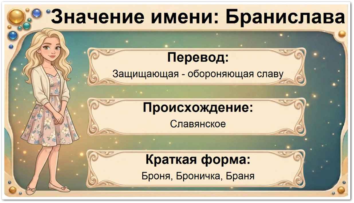 Значение имени Бранислава: перевод — Обороняющая славу, славящаяся в битве, славянское происхождение, краткие формы Броня, Брана, Слава, Бронислава.