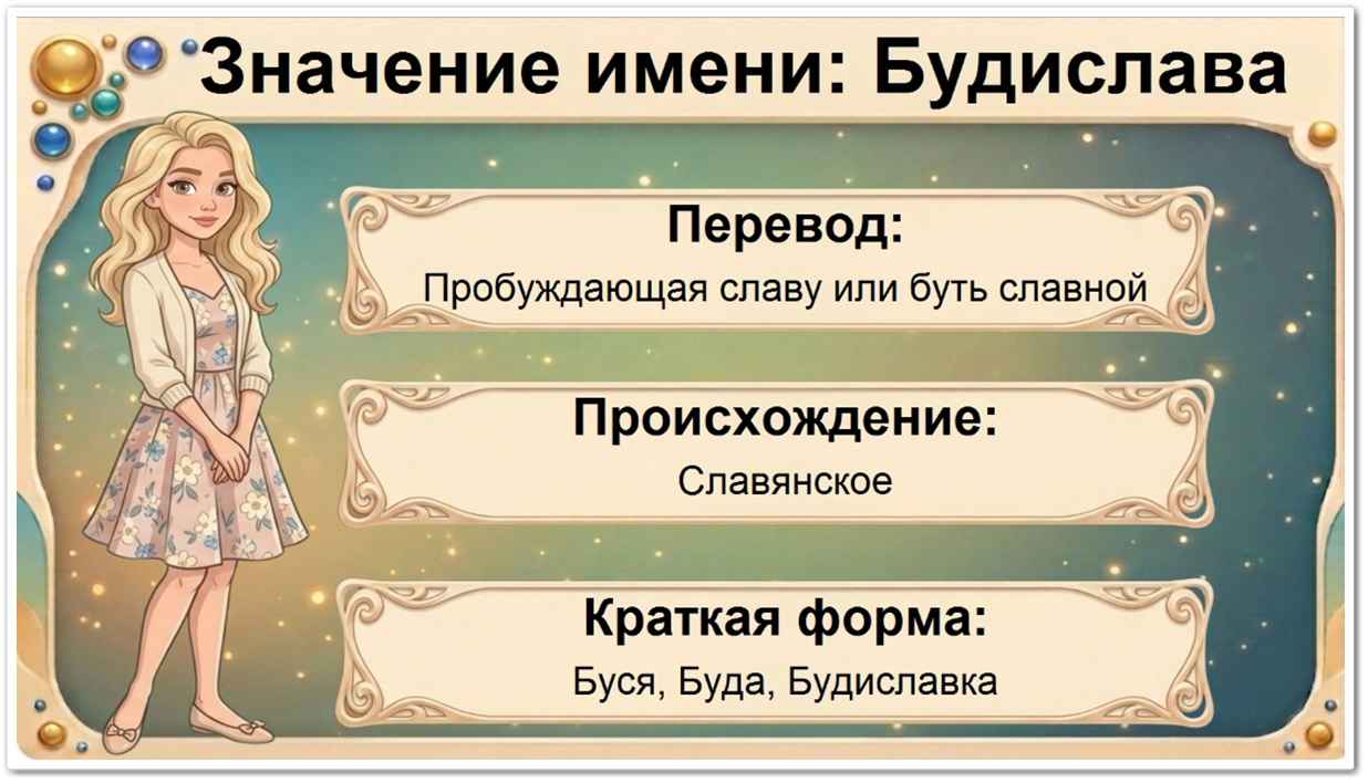 Значение имени Будислава: перевод — Пробуждающая славу, старославянское происхождение, краткие формы Буся, Слава, Будя, Лава.