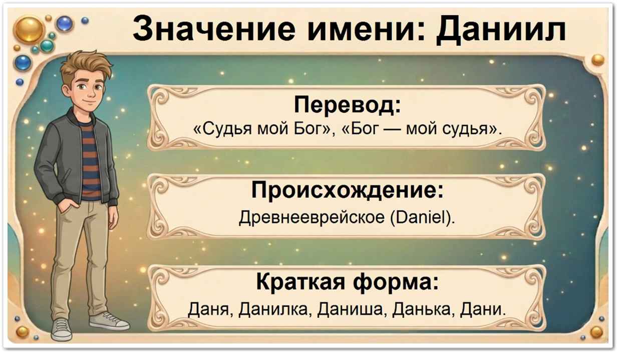 Значение имени Даниил: перевод — Бог мой судья, справедливый человек, древнееврейское происхождение, краткие формы Даня, Данилка, Дануся, Деня