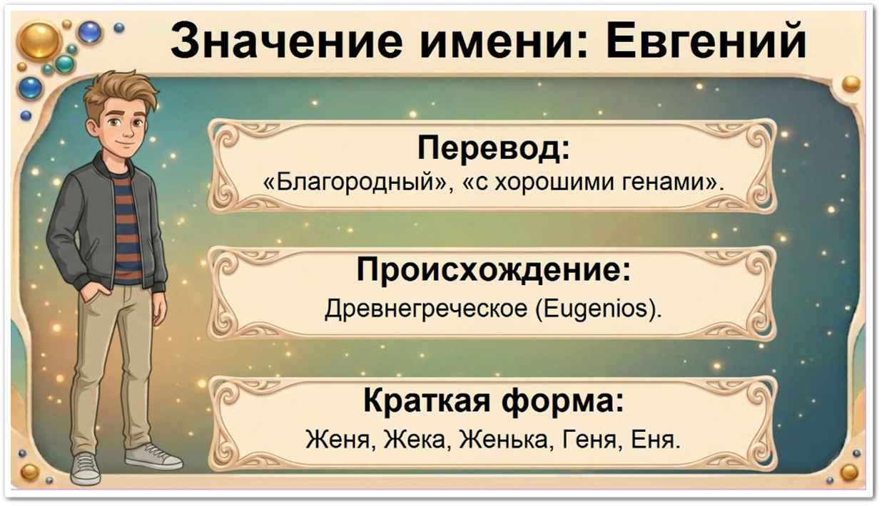 Значение имени Евгений: перевод — Благородный, из хорошего рода, древнегреческое происхождение, краткие формы Женя, Женька, Жека, Геня