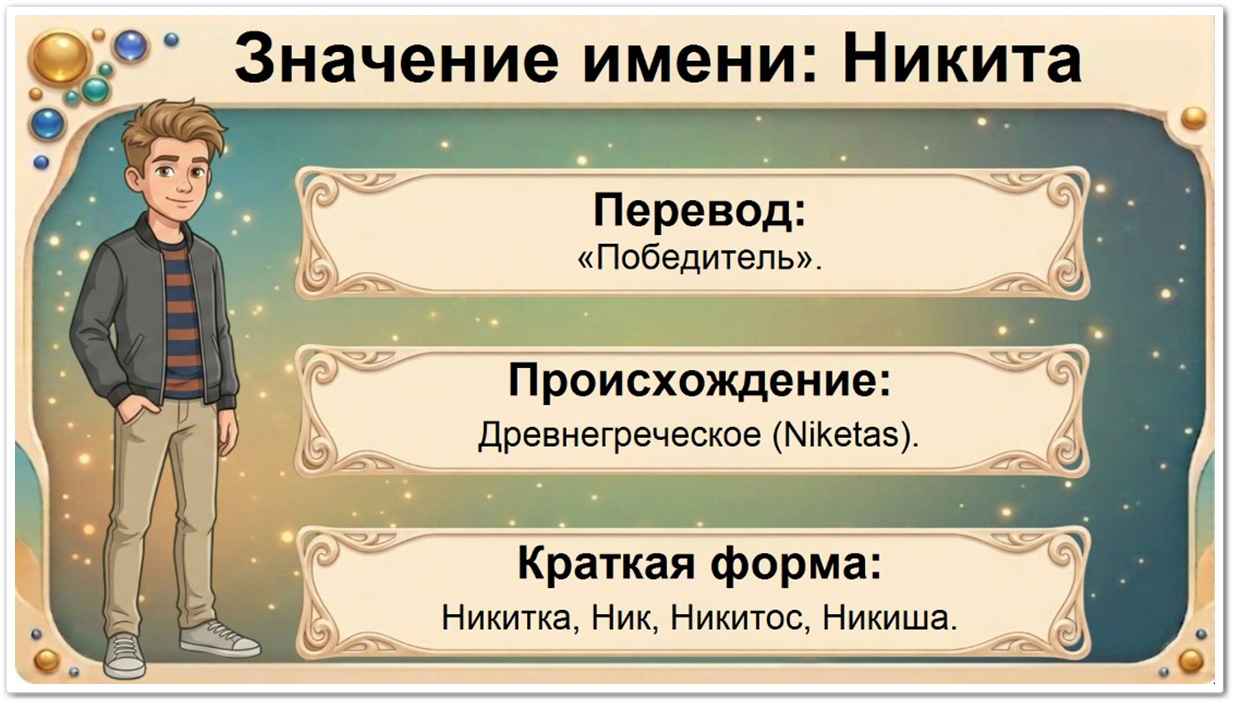 Значение имени Никита: перевод — Победитель, древнегреческое происхождение, краткие формы Никитка, Ник, Никиша, Кит.