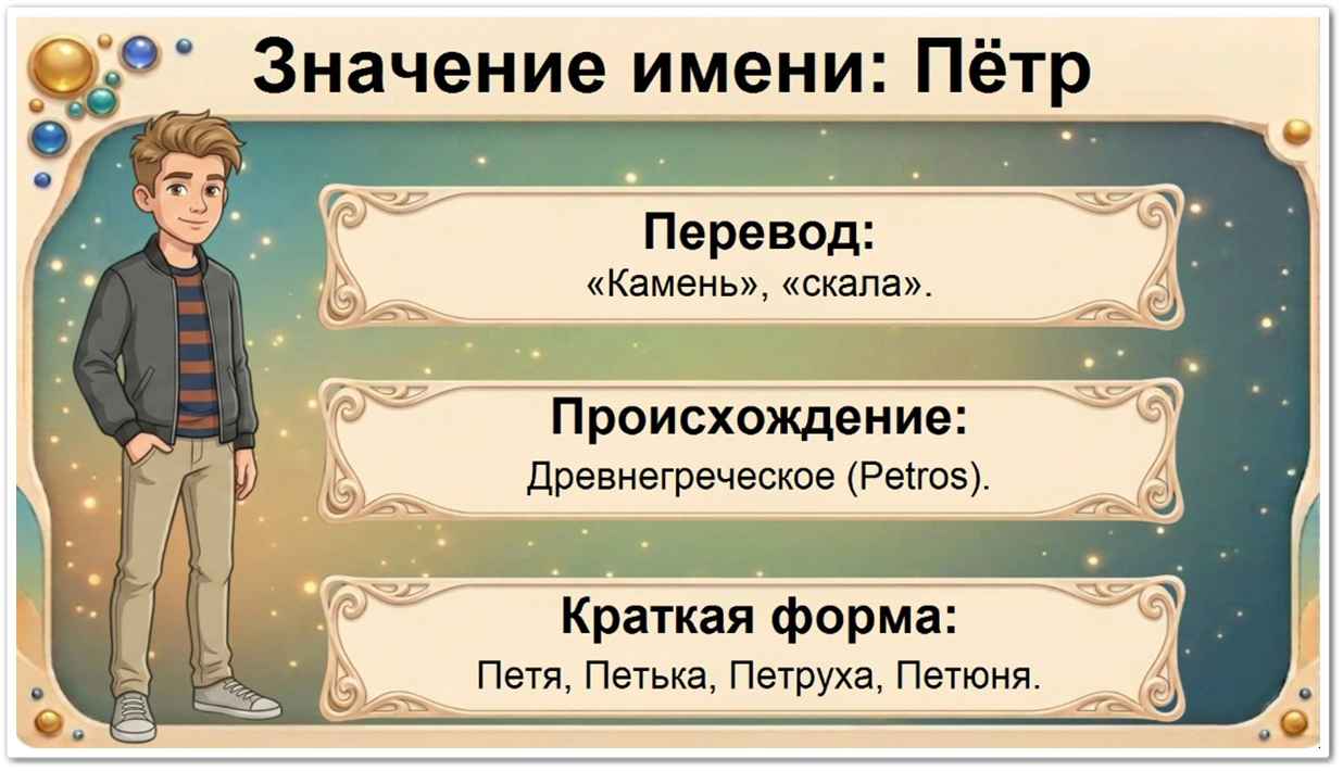 Значение имени Пётр: перевод — Камень, скала, древнегреческое происхождение, краткие формы Петя, Петька, Петруха, Петенька.