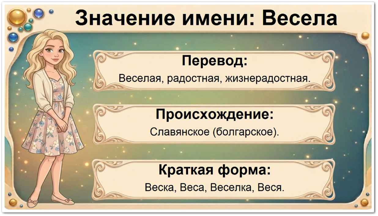 Значение имени Весела: перевод — Веселая, приносящая радость, славянское происхождение, краткие формы Веселка, Веся, Веска, Эла.