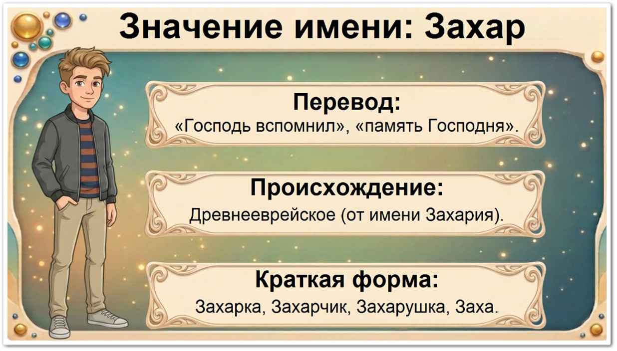 Значение имени Захар: перевод — Помнящий Господа, память Господня, древнееврейское происхождение, краткие формы Захарка, Захарушка, Захарик