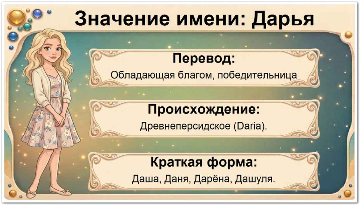 Значение имени Дарья: перевод — Обладающая благом, победительница, древнеперсидское происхождение, краткие формы Даша, Даня, Дарёна, Дашуля.