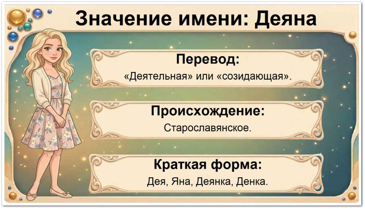 Значение имени Деяна: перевод — Деятельная, созидающая, старославянское происхождение, краткие формы Дея, Яна, Деянка, Денка.