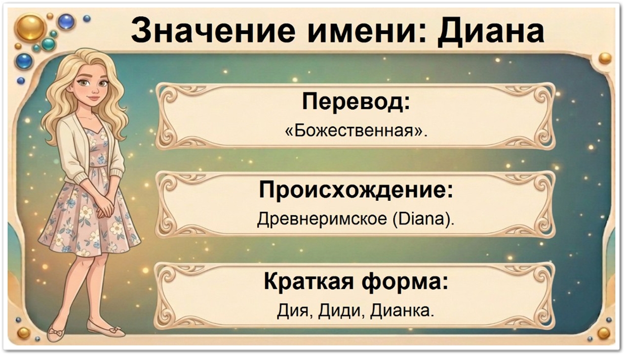 Значение имени Диана: перевод — Божественная, древнеримское происхождение, краткие формы Дия, Диди, Дианка, Аня.