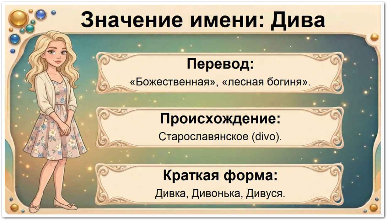 Значение имени Дива: перевод — Божественная, лесная богиня, старославянское происхождение, краткие формы Дивка, Дивонька, Дивуся, Ивочка.