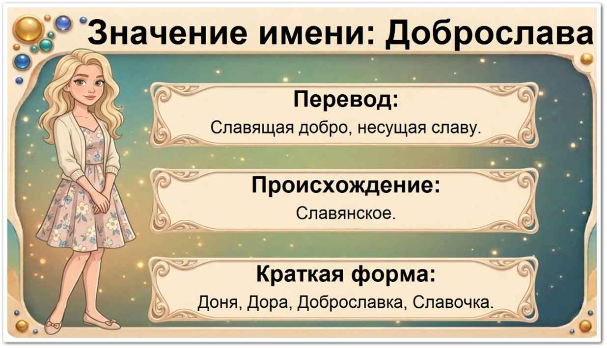 Значение имени Доброслава: перевод — Славящая добро, прославленная добротой, старославянское происхождение, краткие формы Добруша, Дора, Слава, Добрянка.