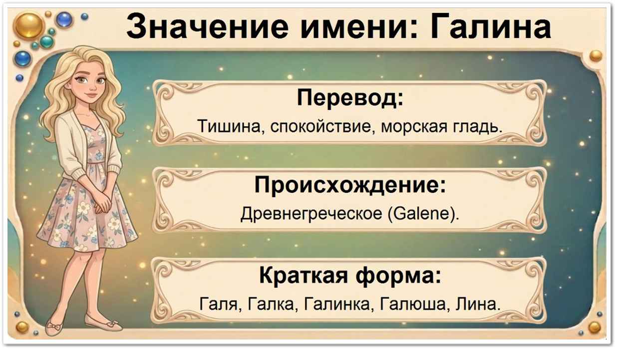 Значение имени Галина: перевод — Тишина, спокойствие, морская гладь, древнегреческое происхождение, краткие формы Галя, Галка, Галинка, Галюша.
