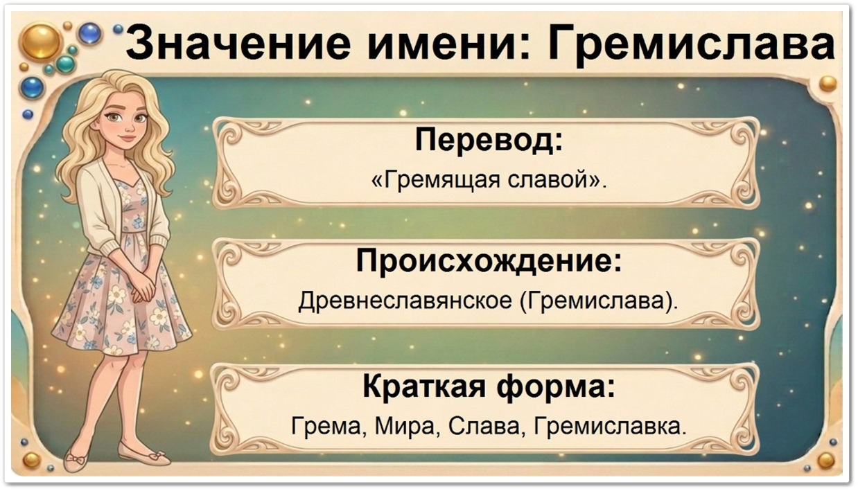 Значение имени Гремислава: перевод — Гремящая славой, старославянское происхождение, краткие формы Грема, Мира, Слава, Гремиславка.
