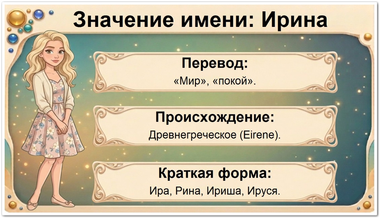 Значение имени Ирина: перевод — Мир, покой, древнегреческое происхождение, краткие формы Ира, Ириша, Рина, Ируся.