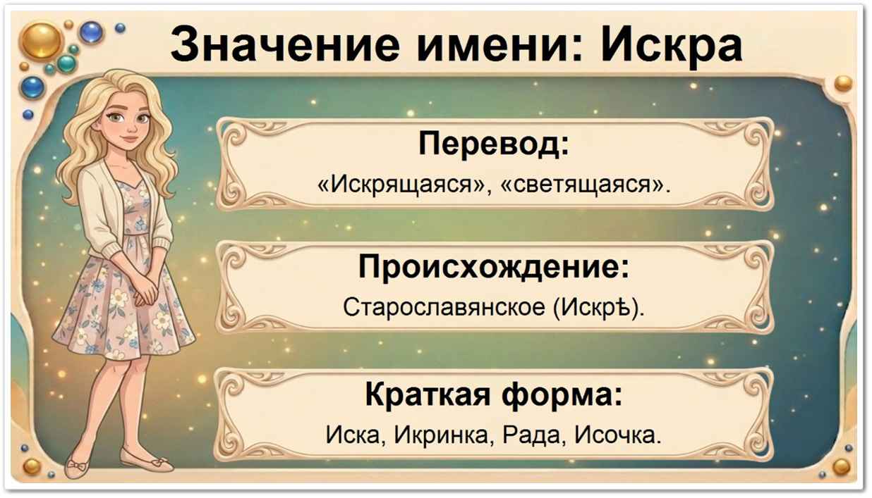 Значение имени Искра: перевод — Искрящаяся, светящаяся, старославянское происхождение, краткие формы Иска, Икринка, Рада, Исочка.