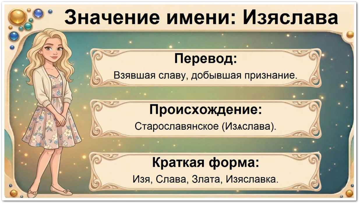 Значение имени Изяслава: перевод — Взявшая славу, добывшая признание, старославянское происхождение, краткие формы Изя, Слава, Злата, Изяславка.