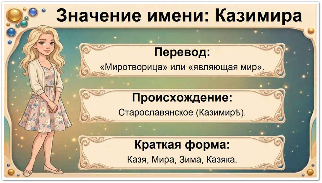 Значение имени Казимира: перевод — Миротворица, являющая мир, старославянское происхождение, краткие формы Казя, Мира, Зима, Казяка.
