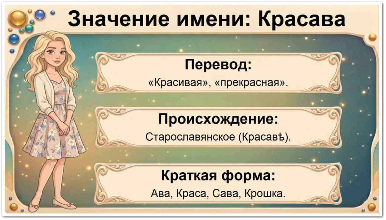 Значение имени Красава: перевод — Красивая, прекрасная, старославянское происхождение, краткие формы Ава, Краса, Сава, Крошка.