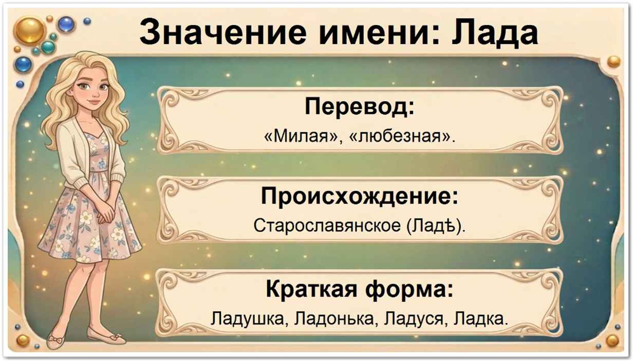 Значение имени Лада: перевод — Милая, любезная, старославянское происхождение, краткие формы Ладушка, Ладонька, Ладуся, Ладка.