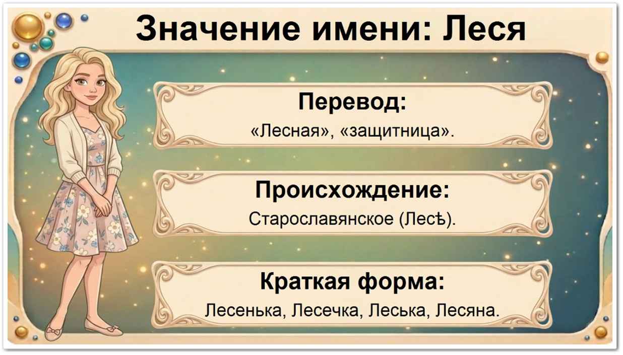 Значение имени Леся: перевод — Лесная, защитница, славянское происхождение, краткие формы Лесенька, Лесечка, Леська.
