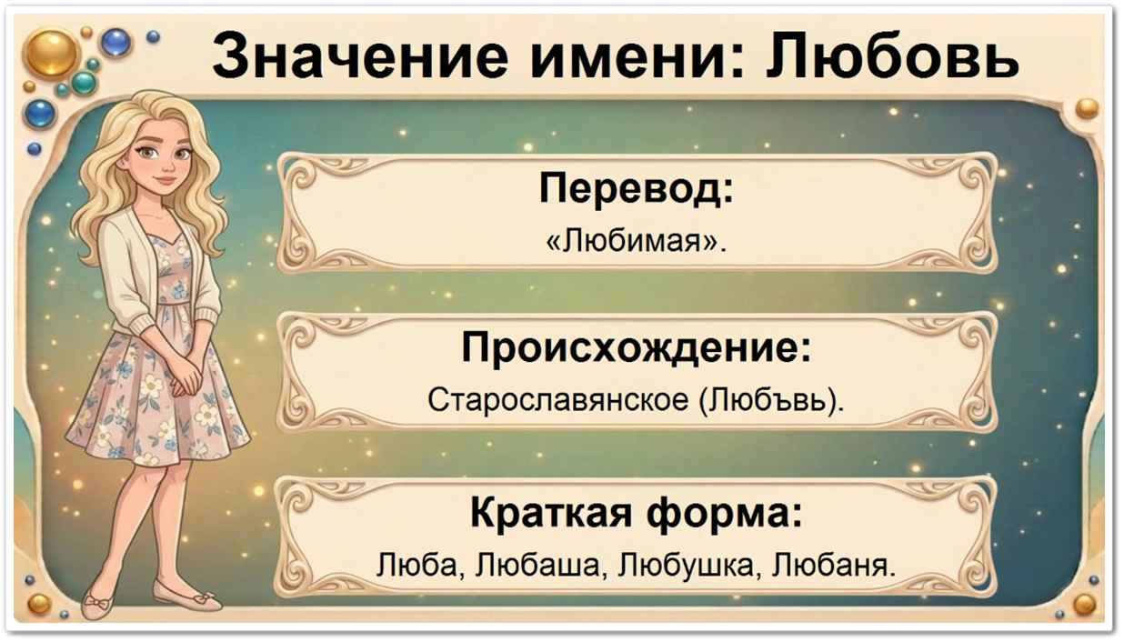 Значение имени Любовь: перевод — Любимая, старославянское происхождение, краткие формы Люба, Любаша, Любушка, Любаня.