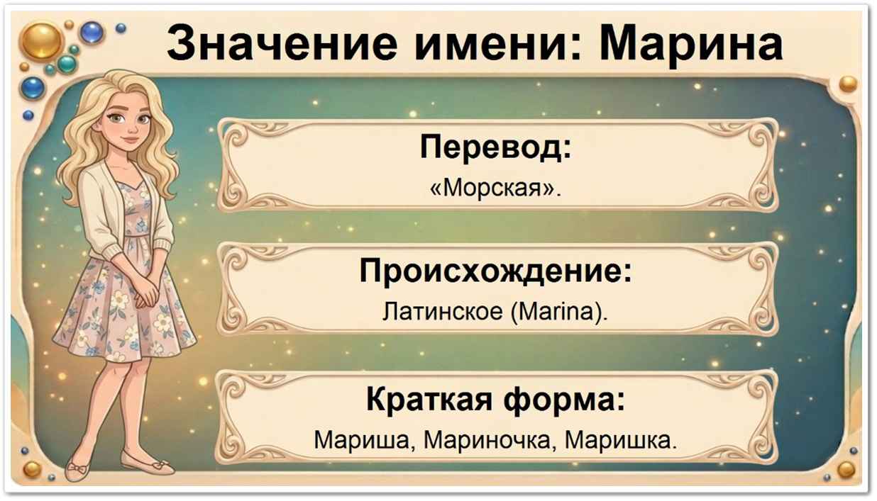 Значение имени Марина: перевод — Морская, латинское происхождение, краткие формы Мариша, Мариночка, Маришка, Мара, Рина.