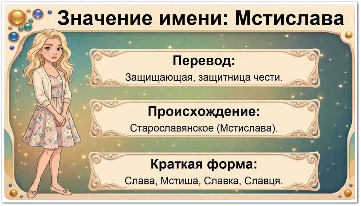 Значение имени Мстислава: перевод — Славно защищающая, старославянское происхождение, краткие формы Слава, Мстиша, Славка, Славця.