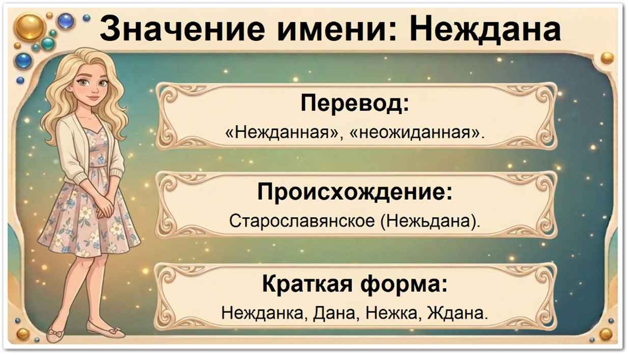 Значение имени Неждана: перевод — Нежданная, неожиданная, старославянское происхождение, краткие формы Нежданка, Дана, Нежка, Ждана.