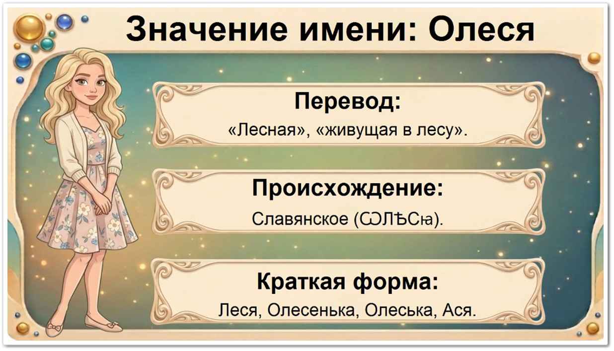 Значение имени Олеся: перевод — Лесная, живущая в лесу, славянское происхождение, краткие формы Леся, Олесенька, Олеська, Ася.