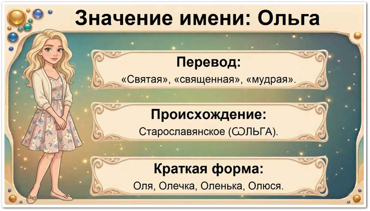 Значение имени Ольга: перевод — Святая, священная, скандинавское и старославянское происхождение, краткие формы Оля, Олечка, Оленька, Олюся.