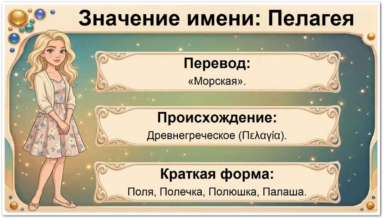 Значение имени Пелагея: перевод — Морская, греческое происхождение, краткие формы Поля, Полечка, Полюшка, Палаша.