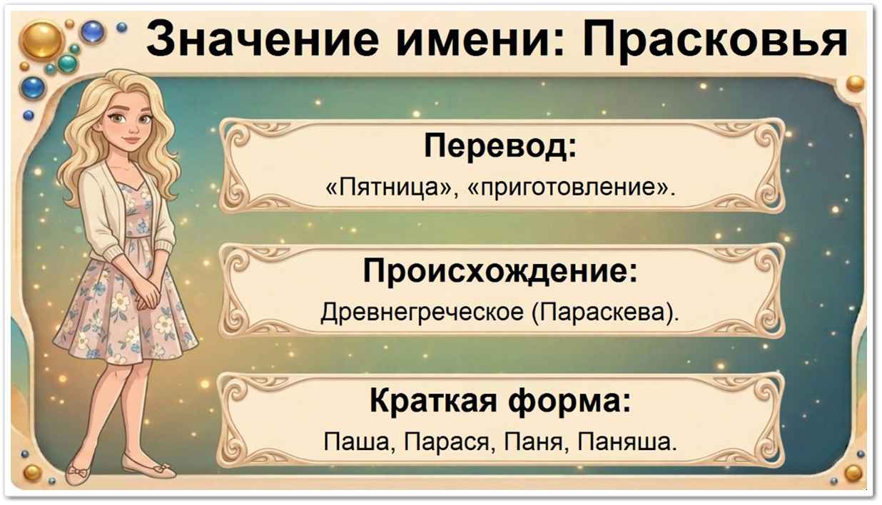 Значение имени Прасковья: перевод — Пятница, приготовление, греческое происхождение, краткие формы Паша, Парася, Паня, Паняша.