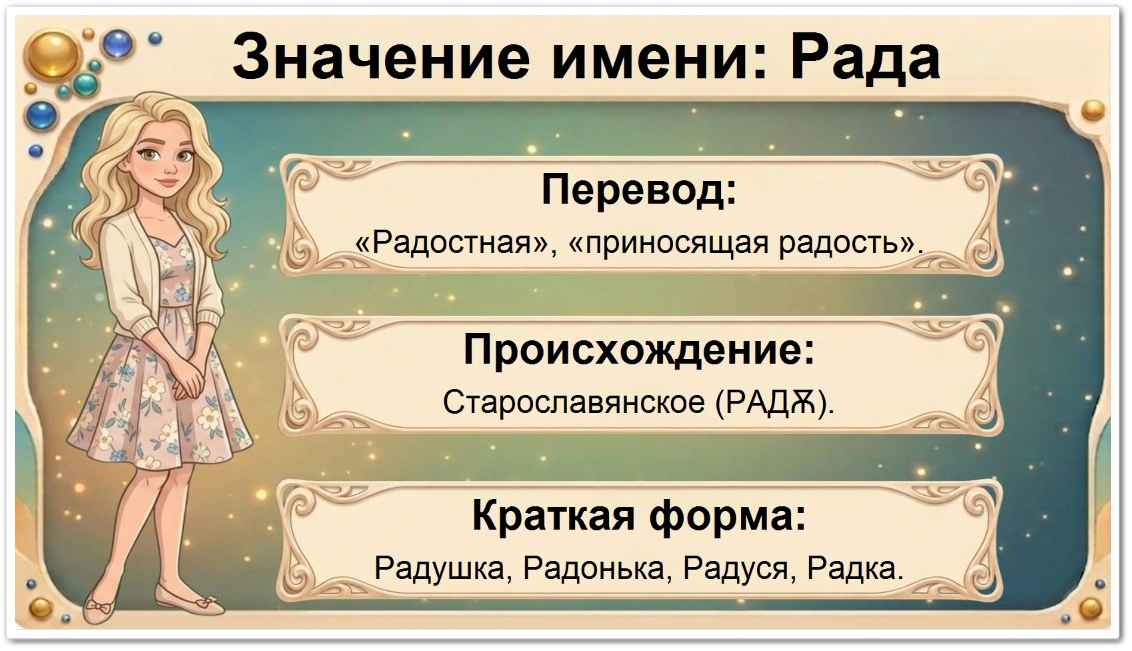 Значение имени Рада: перевод — Радостная, приносящая радость, старославянское происхождение, краткие формы Радушка, Радонька, Радуся, Радка.
