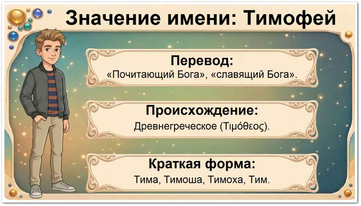 Значение имени Тимофей: перевод — почитающий Бога, греческое происхождение, краткие формы Тима, Тимоша, Тимоха, Тим.