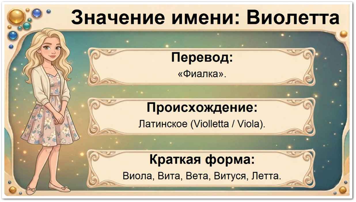 Значение имени Виолетта: перевод — Фиалочка, маленькая фиалка, латинское происхождение, краткие формы Виола, Вита, Вета, Летта.